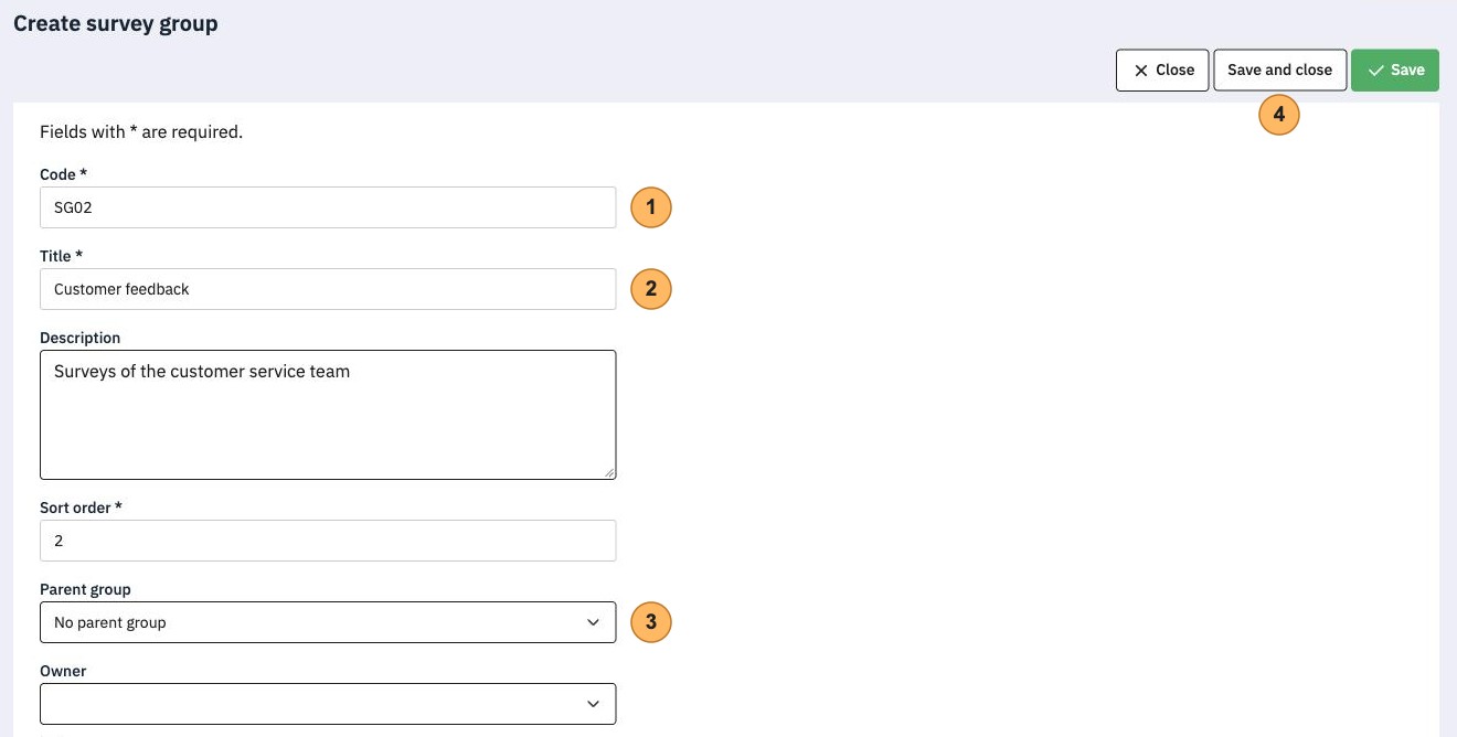 The Create survey group form with four areas numbered 1 to 4, the fields Code, Title and Parent group and the button Save and close