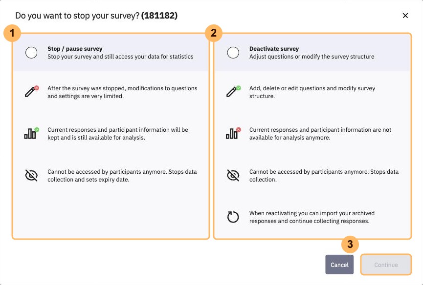 The stop dialog with three areas numbered 1 to 3, the options Stop or pause survey and Deactivate survey and Continue