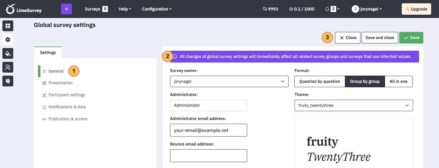Global survey settings with three areas numbered 1 to 3, the list of pages, the purple note and the Save buttons