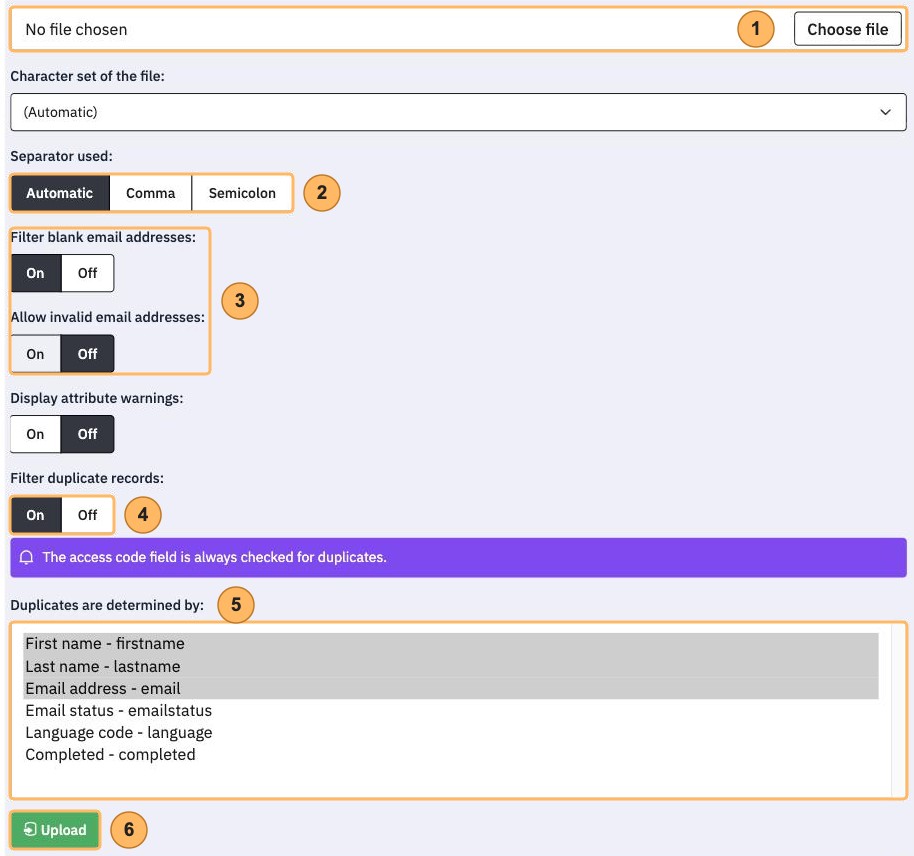 The import page with six areas numbered 1 to 6, from Choose file to Upload
