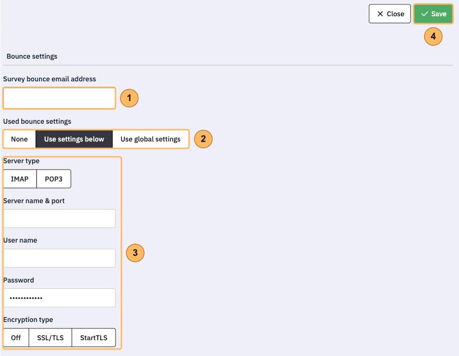 The Bounce settings page with four areas numbered 1 to 4, from the bounce email address to Save