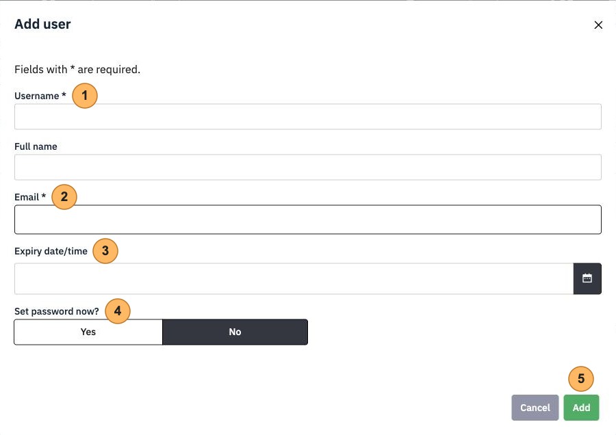 The Add user form with five areas numbered 1 to 5, Username, Email, Expiry date and time, Set password now and Add