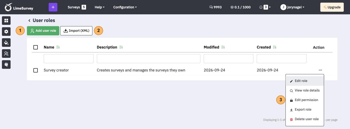 The User roles page with three areas numbered 1 to 3, Add user role, Import (XML) and the menu of a role