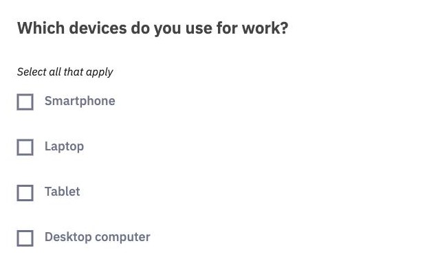 A Multiple choice question as participants see it, with four checkboxes and the tip Select all that apply