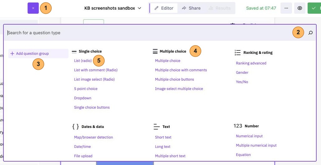 The question type picker with five areas numbered 1 to 5, the purple plus, the search field, Add question group, a group heading and a question type