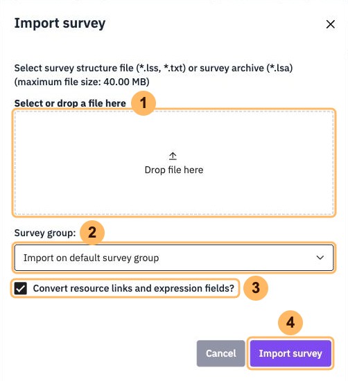 The Import survey dialog with four areas numbered 1 to 4, from the file area to Import survey
