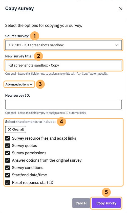 The Copy survey dialog with five areas numbered 1 to 5, from Source survey to Copy survey