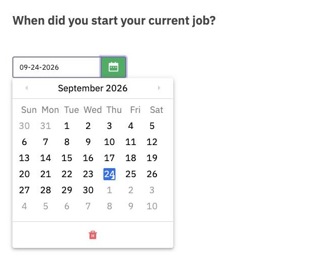 A Date time question as participants see it, with the date field, the calendar button and the opened calendar