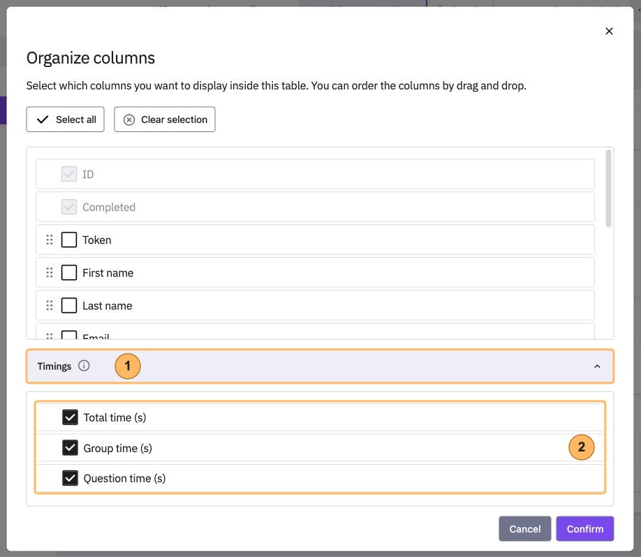 The Organize columns dialog with two areas numbered 1 and 2, the Timings section and the options Total time, Group time and Question time