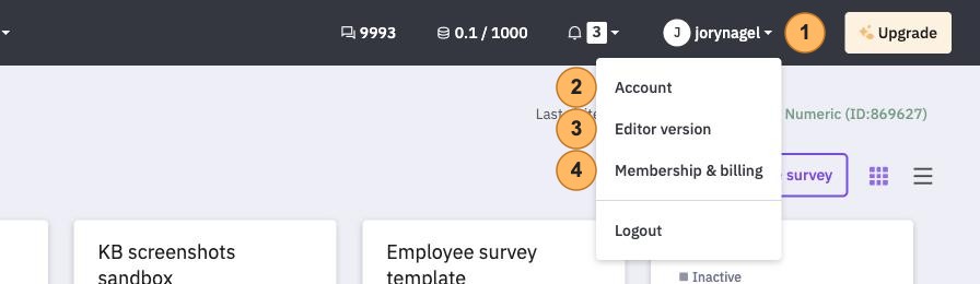 The account menu open with four areas numbered 1 to 4, the user name, Account, Editor version and Membership and billing