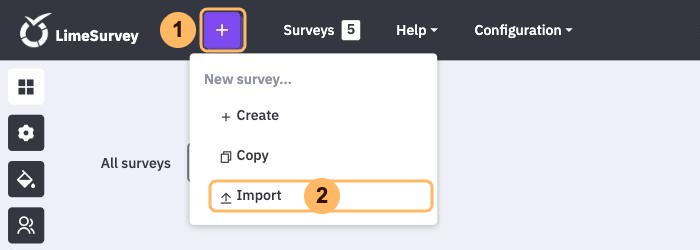 The workspace with the New survey menu open and two areas numbered 1 and 2, the purple plus button and Import