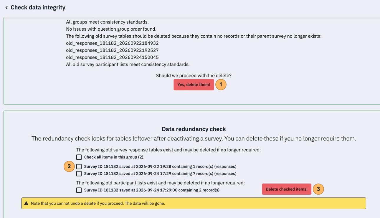 The data integrity page with three areas numbered 1 to 3, Yes delete them, the checkboxes of old response tables and participant lists, and Delete checked items