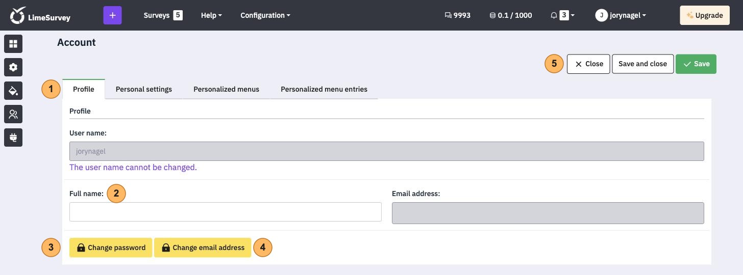 The Profile tab of the Account page with five areas numbered 1 to 5, the Profile tab, Full name, Change password, Change email address and the Save buttons