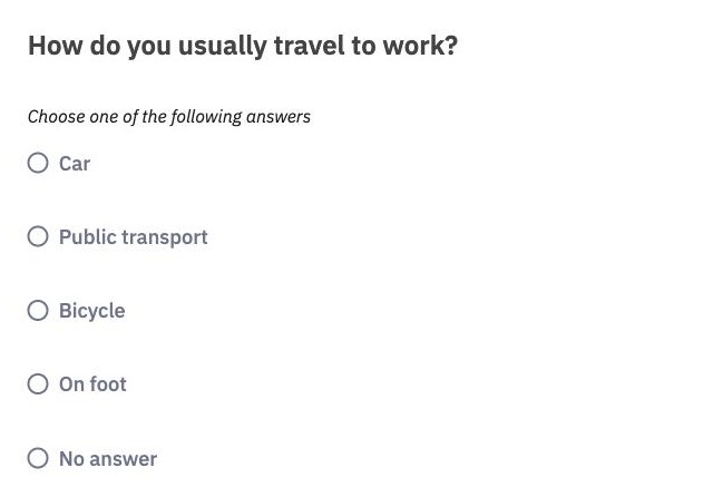 A List radio question as participants see it, with four answer options, No answer and the tip Choose one of the following answers