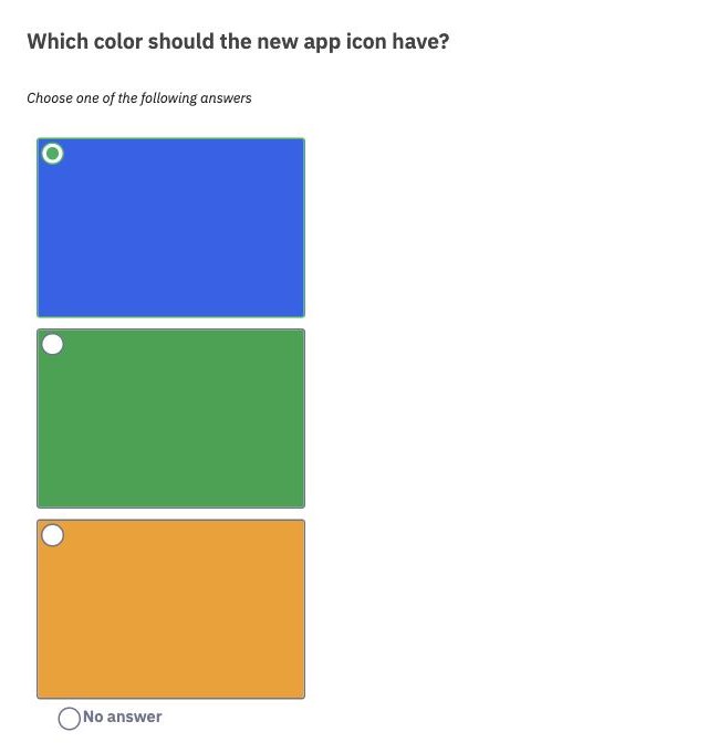 A List image select question as participants see it, with three pictures, the first one selected, and No answer