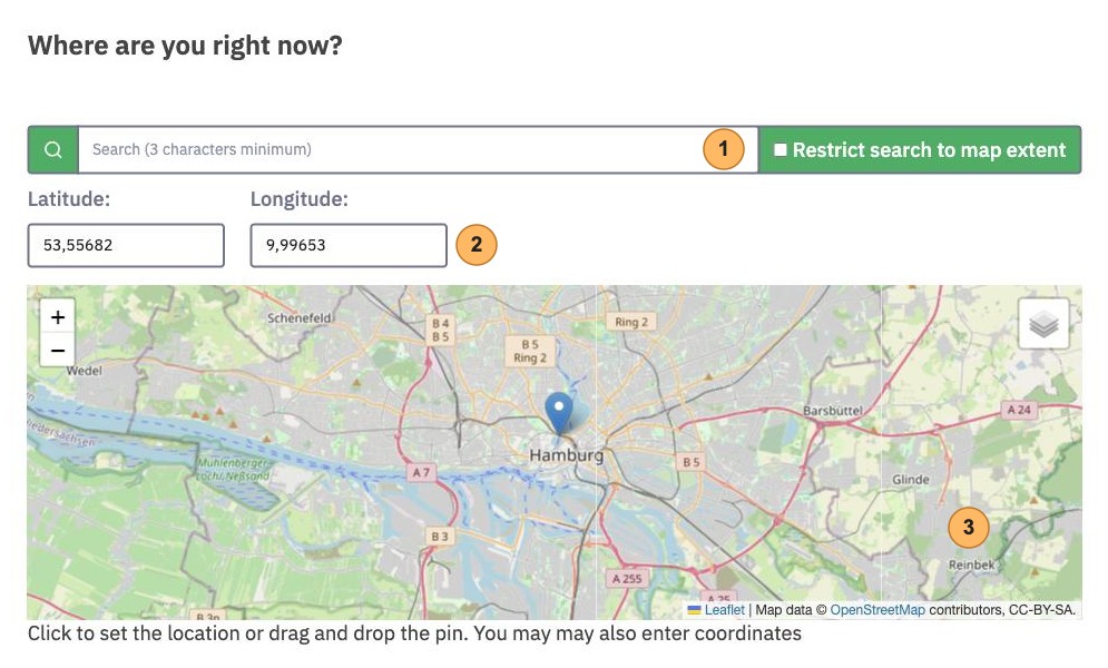 A map question as participants see it, with three areas numbered 1 to 3, the search field, the latitude and longitude fields and the map with a pin