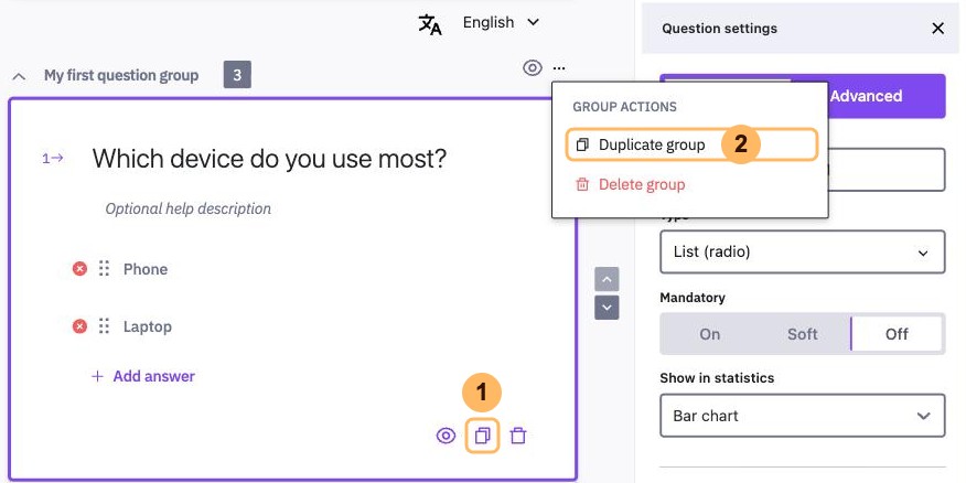A selected question and the open menu of its group with two areas numbered 1 and 2, the copy icon of the question and Duplicate group
