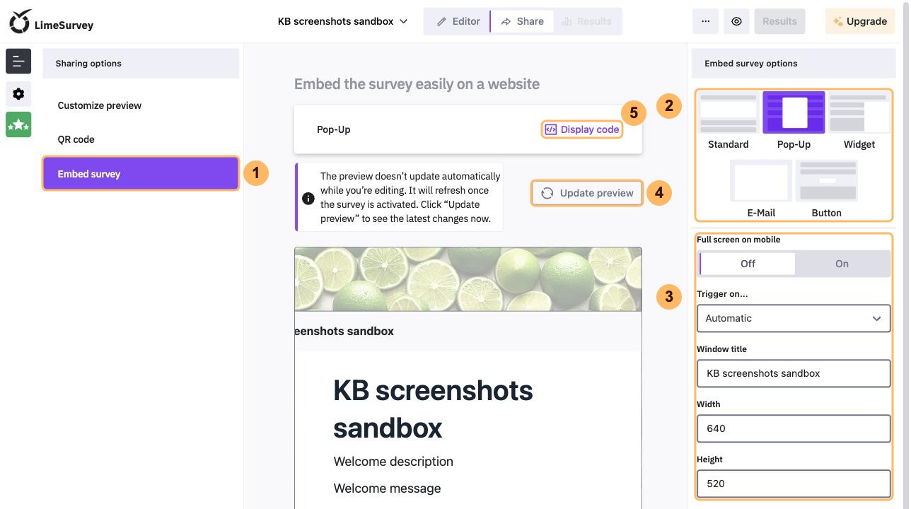 The Embed survey page with the Pop-Up mode and five areas numbered 1 to 5, from Embed survey to Display code