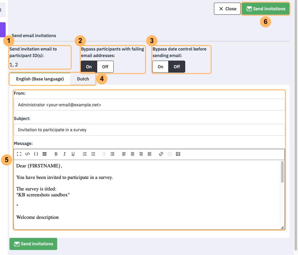 The Send email invitations page with six areas numbered 1 to 6, from the participant IDs to Send invitations