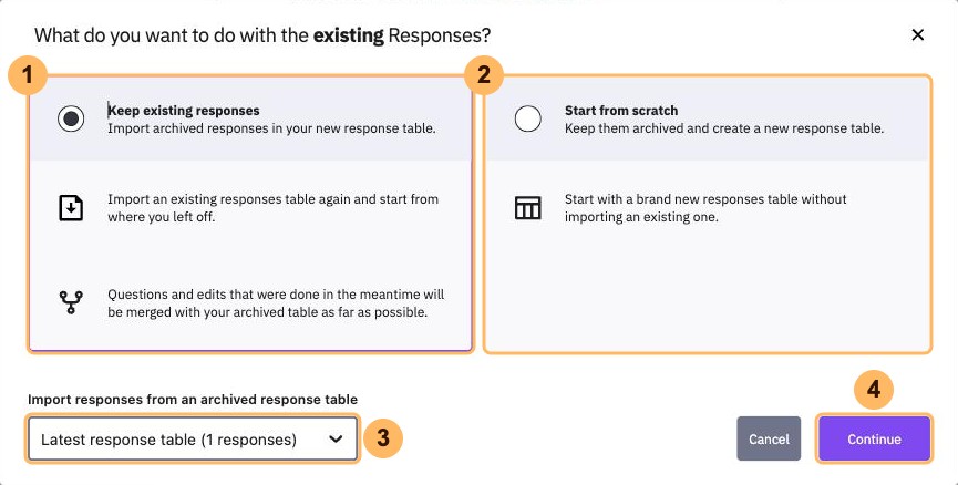 The dialog about existing responses with four areas numbered 1 to 4, the options Keep existing responses and Start from scratch, the archive list and Continue