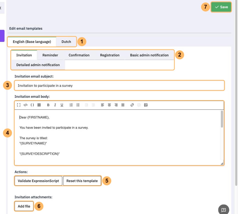 The Edit email templates page with seven areas numbered 1 to 7, from the language tabs to Save