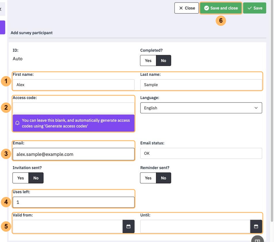 The Add survey participant page with six areas numbered 1 to 6, from the name fields to Save and close